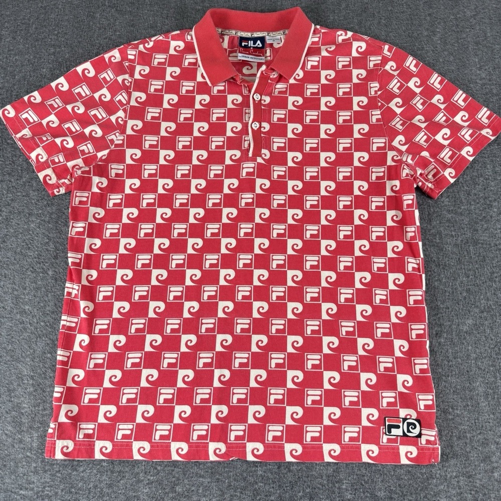 Fila x Pierre Cardin Polo Shirt Mens M Red All Over Logo Print Urban Outfitters